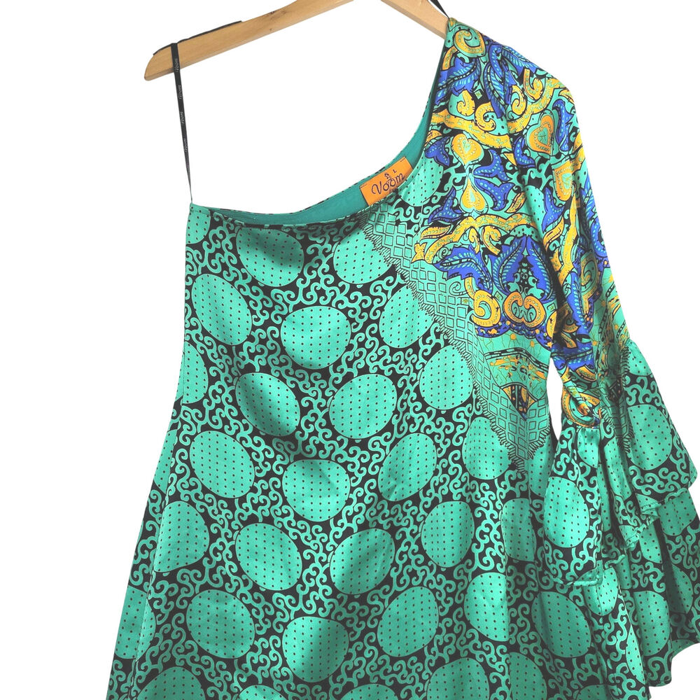 Voom By Joy Han Dress Womens Large Green Silk One Shoulder Ruffle Sleeve Mini - Picture 3 of 12